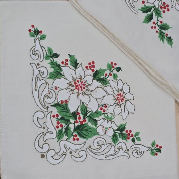 2 - Fabric Table Napkins Christmas Holly Berries Leaves White Poinsettia Flowers - Picture 3 of 15
